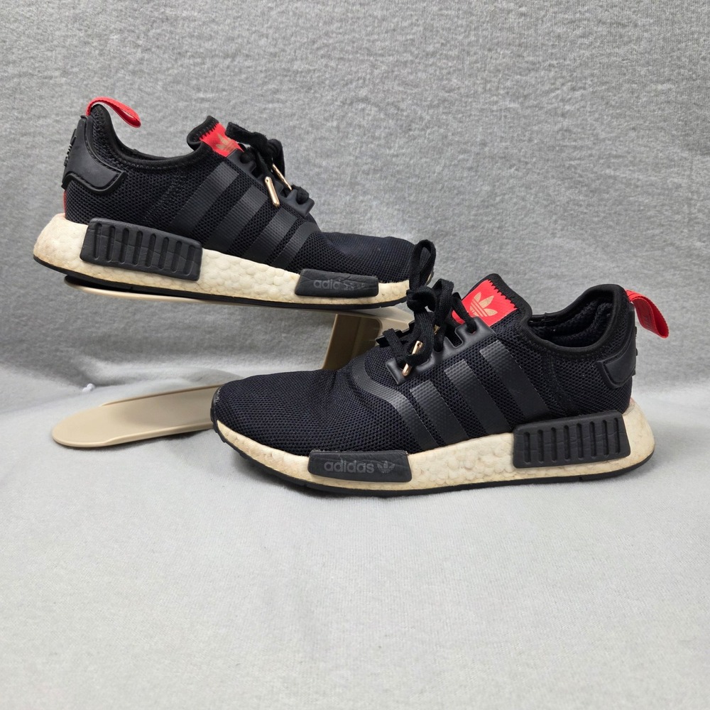 Adidas NMD R1 Sneakers Womens 5.5 Black Good B42087 Red Gold Trim Mesh Running